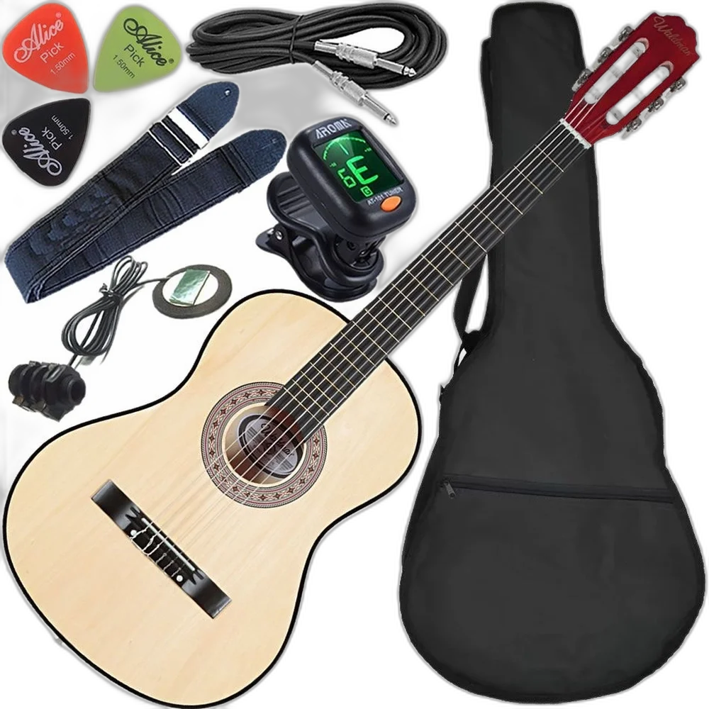 Kit Violão Elétrico Waldman Popstar Pp1 Natural Cordas Nylon C/ Acessórios