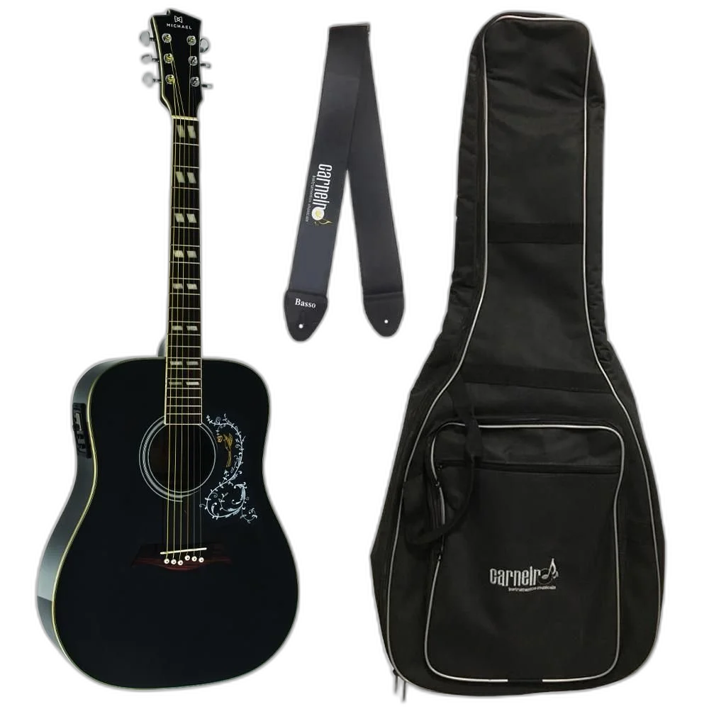Violão Michael VM925 DT Preto Elétrico Folk + Capa + Correia