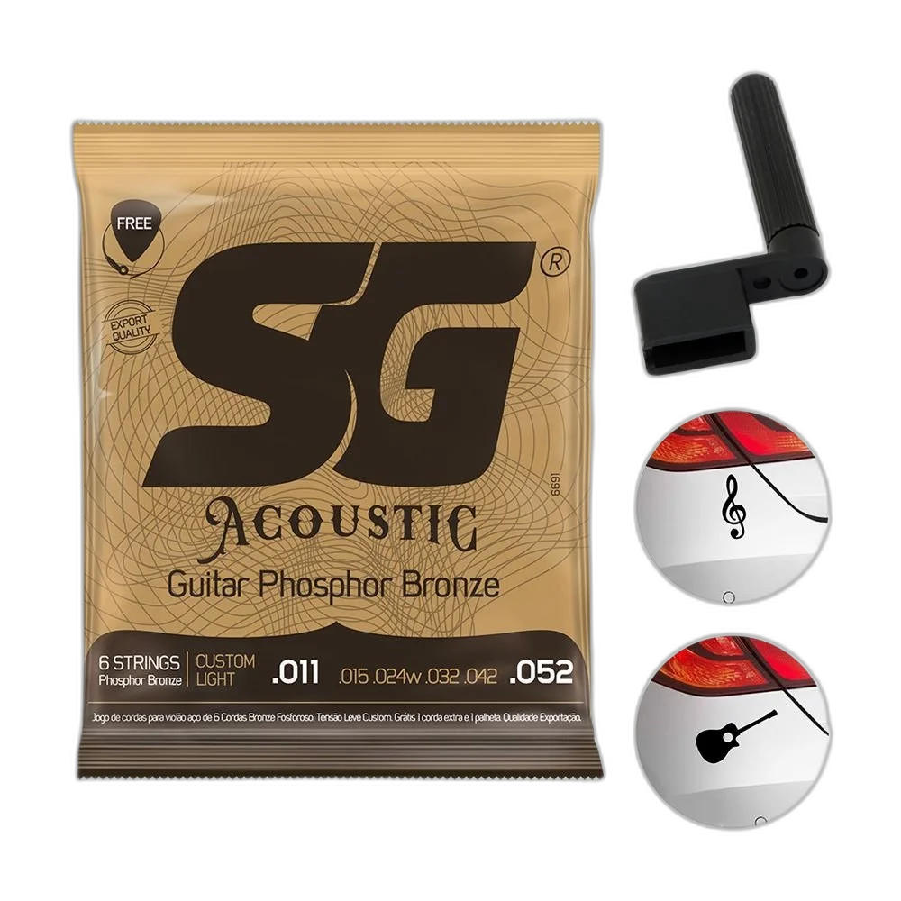 Kit Encordoamento SG Violão Aço 011 Phosphor Bronze + Encordoador + 2 Adesivos Pretos
