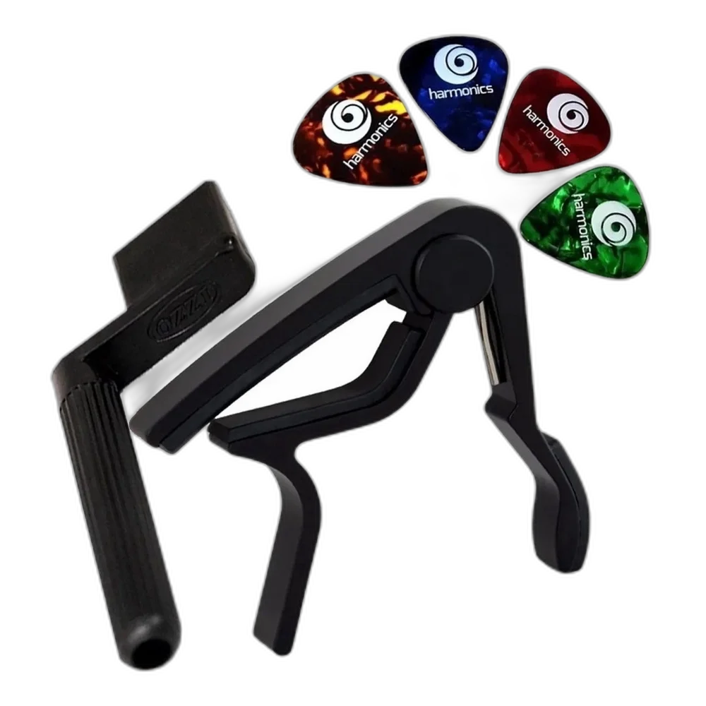 Kit Para Violão Capotraste Braçadeira + Encordoador + 4 Palhetas Harmonics