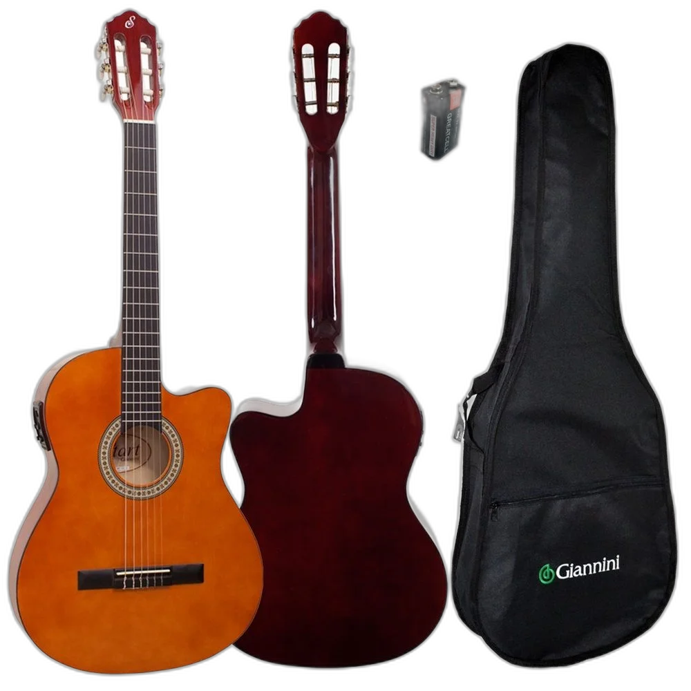 Kit Violão Elétrico Clássico Flat Nylon Nf14 Nt Natural Giannini Simples