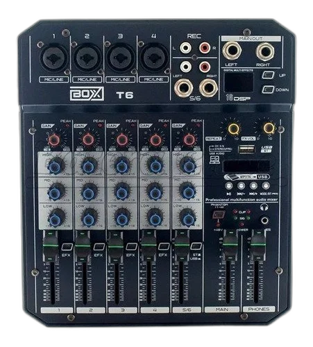 Mesa de Som 5 Canais Mixer Boxx T6 Interface Usb Otg P10 Xlr