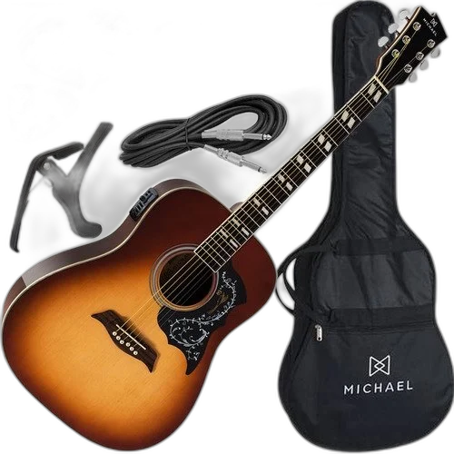 Kit Violão Elétrico Folk Aço Michael Vm925 Vintage Sunburst