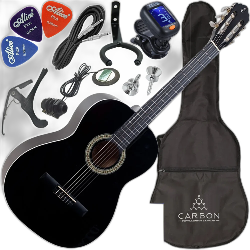 Kit Violão Classico Elétrico Nylon Giannini N14 Preto + Acessórios