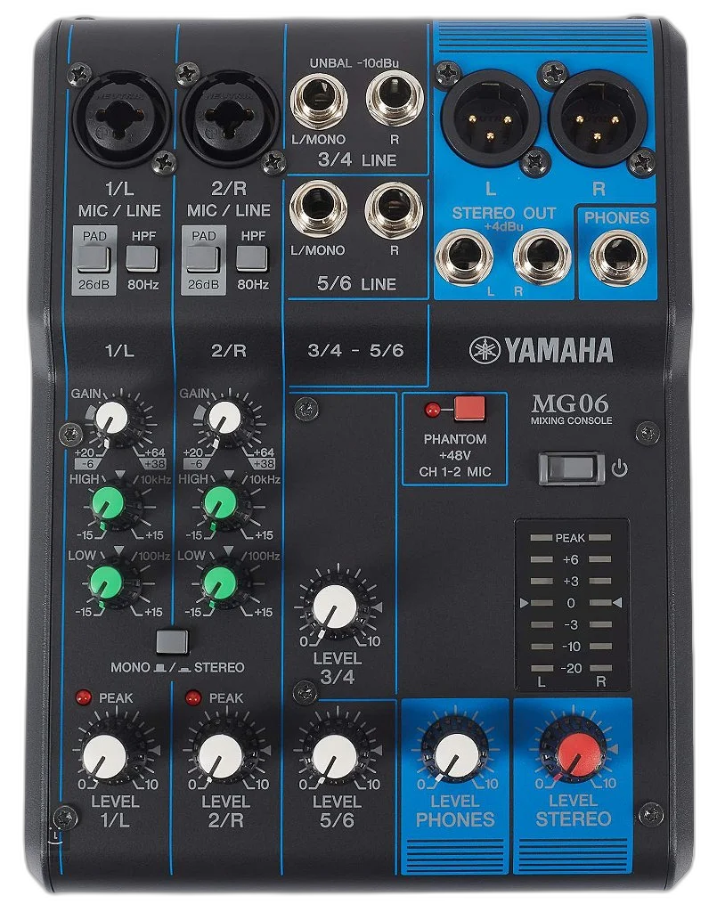 Mesa de Som Yamaha MG06 6 Canais Analógica Interface de Áudio