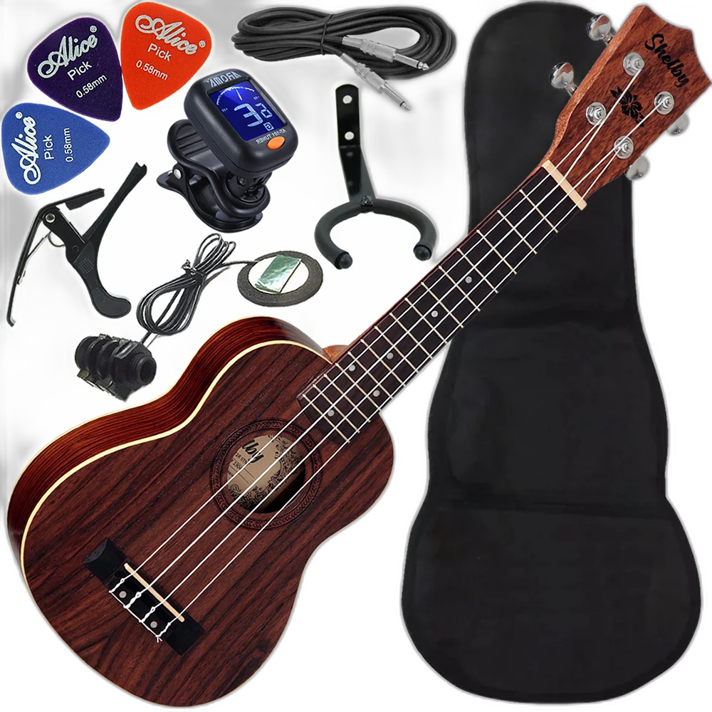 Kit Ukulele Soprano Elétrico Shelby Su21r Jacarandá Acetinado Ux02