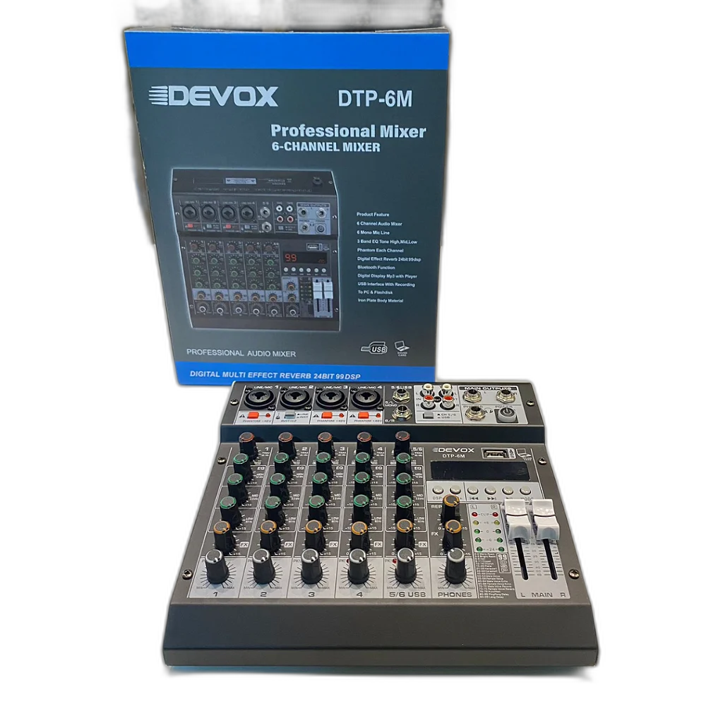 Mixer DTP-6M Devox Mesa de Som 6 Canais USB Bluetooth Phantom Power 48V