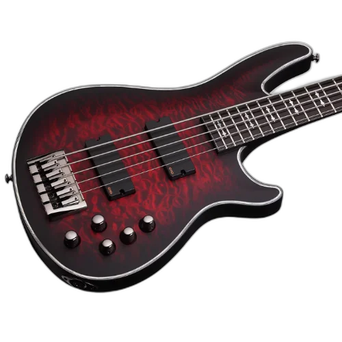 Contrabaixo Schecter Hellraiser Extreme-5 Crimson Red Burst Satin com Captadores EMG 40TW e Ponte Schecter Custom Bass String Thru 1919