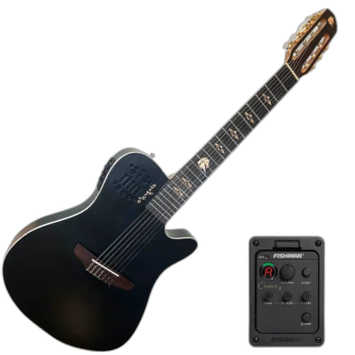 Violão Eletroacústico Marquês 7-VN-145BKSEQ Preto Fosco 7 Cordas Nylon Super Flat Cutaway com Pré Fishman Clasica III EQ 3 Bandas Afinador