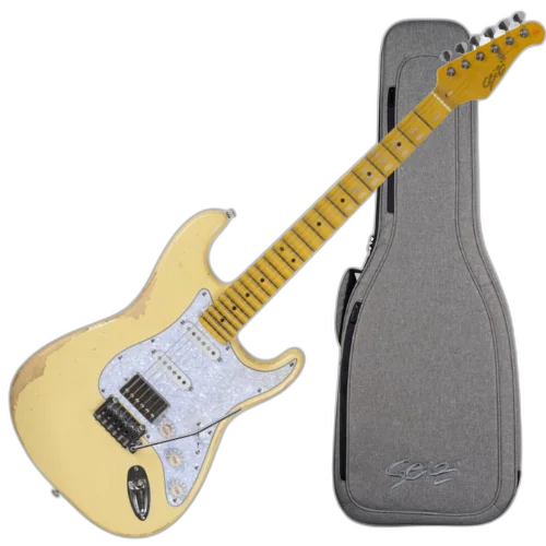 Guitarra Seizi Vintage Budokan HSS Ozielzinho Rising Sun Relic Cream com Captadores Seizi Jutsu Alnico V Ponte Flutuante 2 Pivôs Escala Escalopada Trastes Inox e Bag 10361137