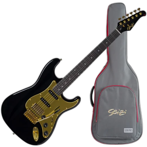 Guitarra Seizi Vintage Budokan HSS Black Gold Mirrorred com Captadores Seizi Jutsu Alnico V Ponte Flutuante 2 Pivôs Escudo Dourado Espelhado Ferragens Douradas e Bag 10361219