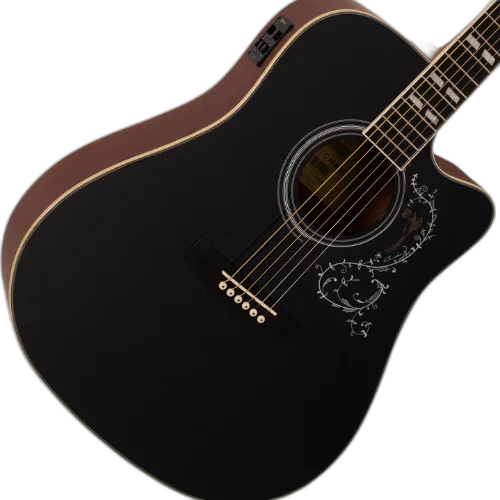 Violão Eletroacústico Michael Folk Freebird VMF440 BT (Black Top) com Tampo Spruce Pré Michael Cleverly Tarraxas Die Cast Encordoamento Aço e Acabamento Brilhante