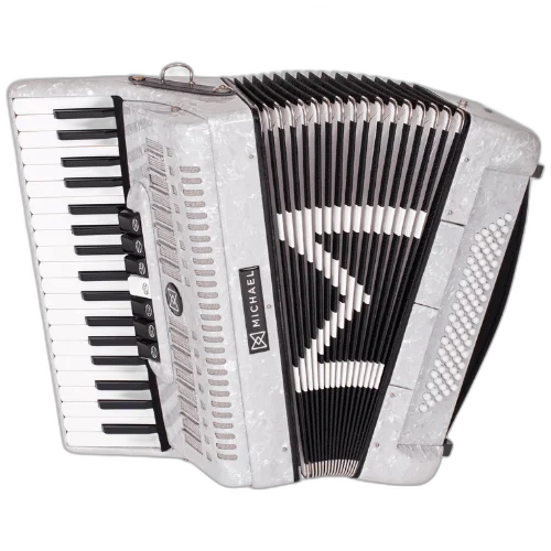 Acordeon Michael ACM8007N Branco Perolado 80 Baixos 7 Registros Terça de Voz 37 Teclas Palhetas Aço Inoxidável Fole Linho Couro Bag com Rodinhas e Alça