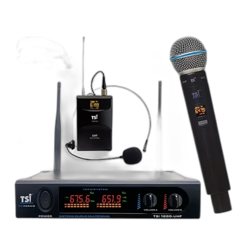 Microfone Sem Fio TSI 1200 CLI UHF com Receptor Display Digital 96 Canais Bodypack para Lapela Headset Microfone de Mão X1 e Processo Exclusivo Ghostless