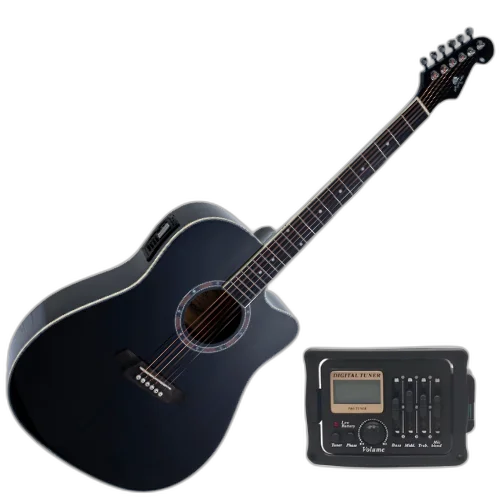 Violão Eletroacústico Aço Marquês VA-207 BK EQ Preto Brilho com Folk Cutaway Headstock Guitarra e Pré B-12 4 Bandas com Microfone Interno