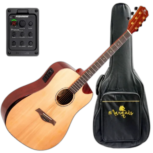Violão Eletroacústico Aço Marquês VA-245 NS EQ Natural Fosco com Tampo Pinho Maciço Fishman Presys+ 5 Bandas e Bag