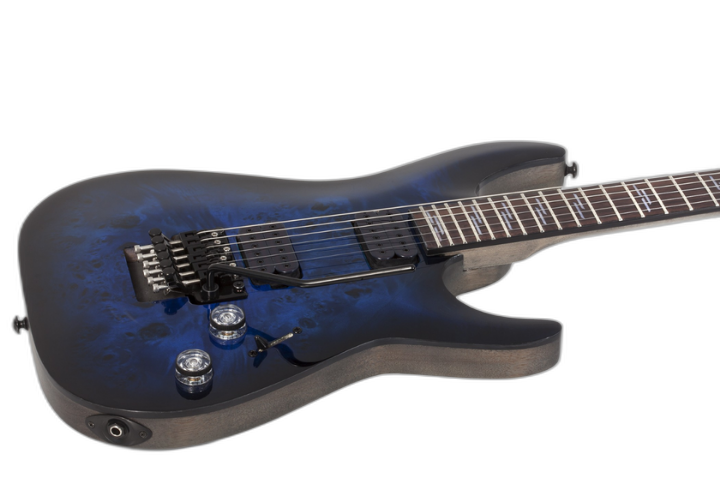 Corpo Mogno com Tampo Burl Arqueado e Acabamento See Thru Blue Burst