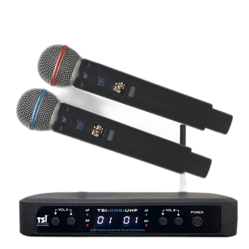 Sistema Sem Fio TSI ONE UHF com 96 Canais e Tecnologia Ghostless Duplo Microfone de Mão UHF 614-698 MHz com Receptor 2 Microfones Super Cardióide Antenas Cabo P10 e Fonte Bivolt