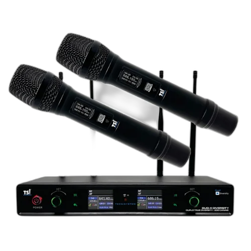 Sistema Sem Fio TSI DUO 4 DIVERSITY com 200 Canais e True Diversity Sistema UHF 614-698 MHz com Receptor Duo-4 Diversity (4 Receptores Internos) 2 Microfones de Mão Multicanal SC-8 Super Cardióide Fonte Bivolt