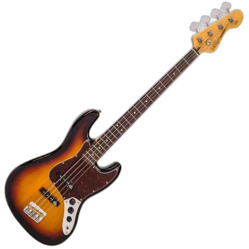 Contrabaixo Vintage Reissued VJ74SSB JB Sunset Sunburst com Corpo Poplar Oriental Braço Hard Maple Parafusado Escala Rosewood 2 Captadores Single Coil Wilkinson WOJB Ponte Wilkinson Compensada