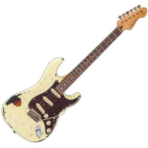 Guitarra Vintage Icon V6MRVW STR Destressed White On Sunburst com Corpo Sólido Braço Hard Rock Maple Escala Rosewood 22 Trastes 3 Captadores Wilkinson WVS Alnico V Ponte Vibrato Wilkinson