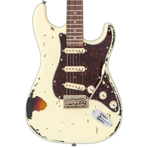 Guitarra Vintage Icon V6MRVW STR Destressed White On Sunburst com Corpo Sólido Braço Hard Rock Maple Escala Rosewood 22 Trastes 3 Captadores Wilkinson WVS Alnico V Ponte Vibrato Wilkinson