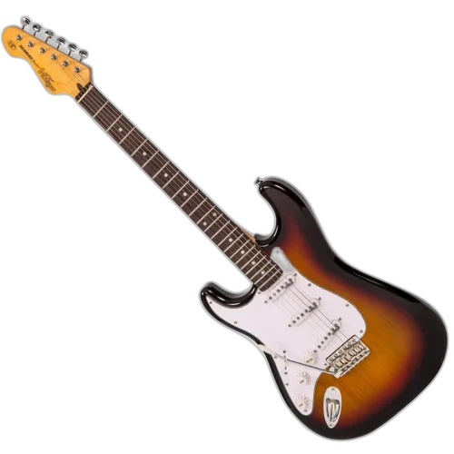 Guitarra Vintage Reissued LV6SSB Strato Canhoto Sunburst com Corpo Poplar Oriental Braço Hard Maple Parafusado Escala Rosewood 22 Trastes 3 Captadores Single Coil Wilkinson Ponte Tremolo Wilkinson