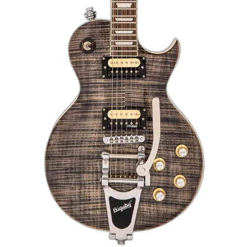Guitarra Vintage Reissued V100BLB With Bigsby Flamed Thru Black com Corpo Mahogany Top Maple Carved Flamed Braço Mahogany Set Neck Escala Rosewood 2 Captadores Humbucker Wilkinso Ponte Wilkinson TOM Vibrato Bigsby