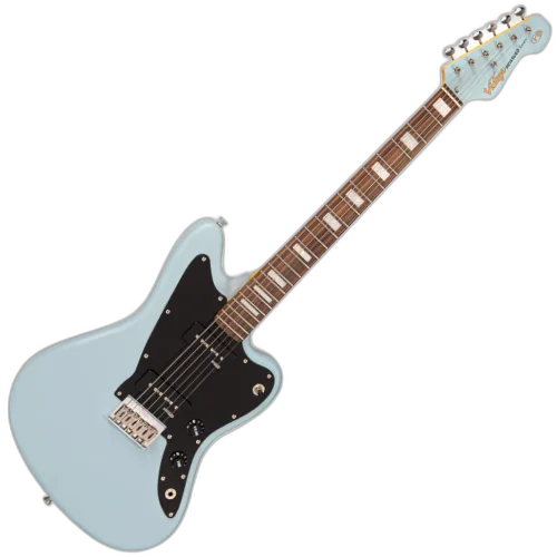 Guitarra Vintage Reissued V65HBL Jaguar Hardtail Satin Blue com Corpo Alder Braço Maple Parafusado Escala Rosewood 2 Captadores Single Coil Wilkinson Ponte Hardtail Compensada