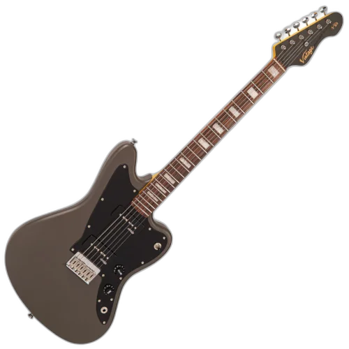 Guitarra Vintage Reissued V65HGY Jaguar Hardtail Satin Grey com Corpo Alder Braço Maple Parafusado Escala Rosewood 2 Captadores Single Coil Wilkinson Ponte Hardtail Compensada