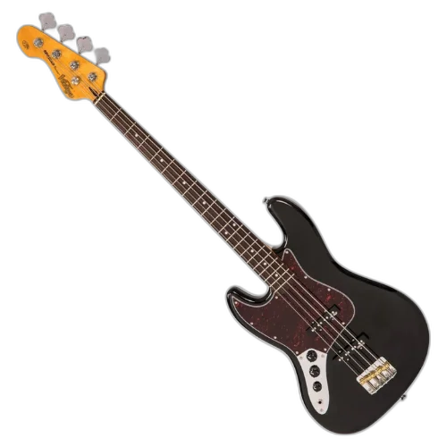Contrabaixo Vintage Canhoto VJ74 Reissued Gloss Black com Corpo Alder Braço Maple Parafusado Escala Rosewood 20 Trastes 2 Captadores Single Coil Wilkinson WOJB Ponte Wilkinson Four Saddle