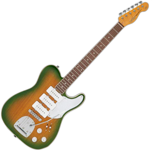 Guitarra Vintage Revo Series Trio Green Yellowburst com Corpo Okoume Braço Maple Escala Jatobá 22 Trastes 3 Captadores P90 Entwistle Ponte Roller Vibrato Offset