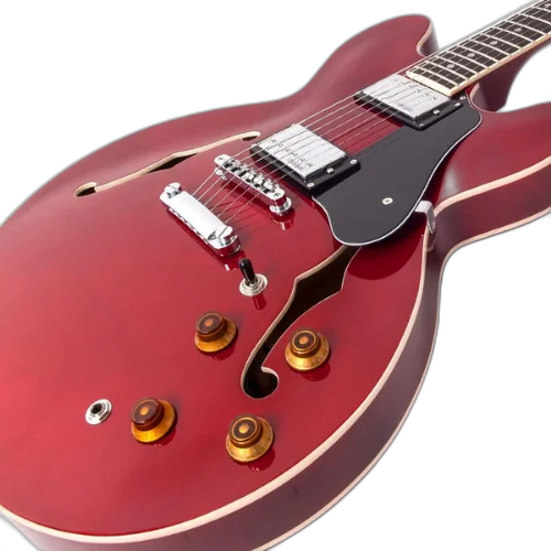 Guitarra Vintage VSA500 ReIssued Cherry Red com Corpo Maple Braço Mogno Escala Rosewood 22 Trastes 2 Humbuckers Wilkinson Ponte TOM