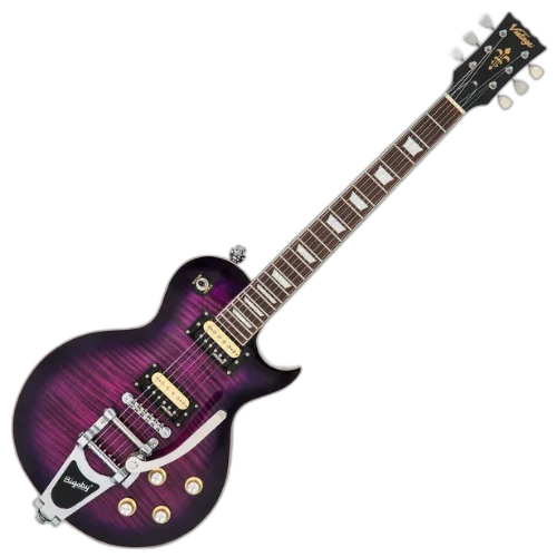 Guitarra Vintage V100 Reissued Bigsby Flamed Purpleburst com Corpo Mogno Braço Mogno Escala Rosewood 22 Trastes 2 Humbuckers Wilkinson Ponte TOM com Bigsby