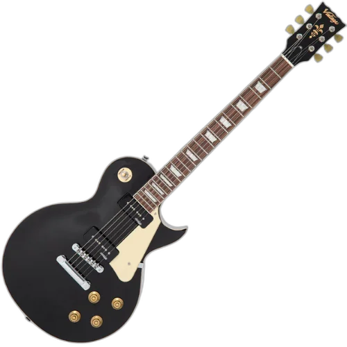 Guitarra Vintage V100P Reissued Gloss Black com Corpo Mogno Braço Mogno Escala Rosewood 22 Trastes 2 Captadores Soapbar Wilkinson Ponte TOM