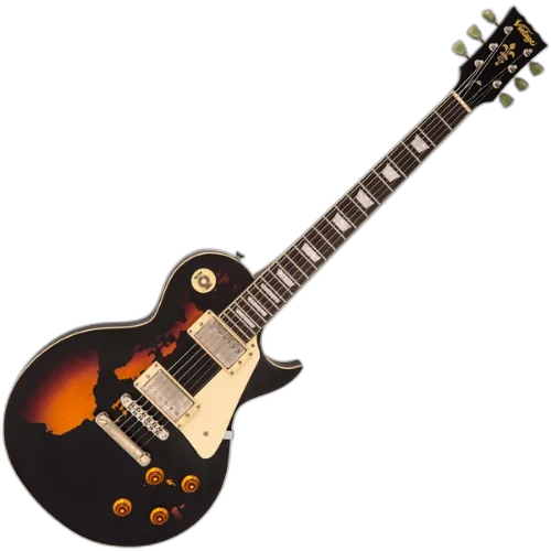 Guitarra Vintage V100 Icon Distressed Black Over Sunburst com Corpo Mogno Braço Mogno Escala Rosewood 22 Trastes 2 Humbuckers Wilkinson Ponte TOM