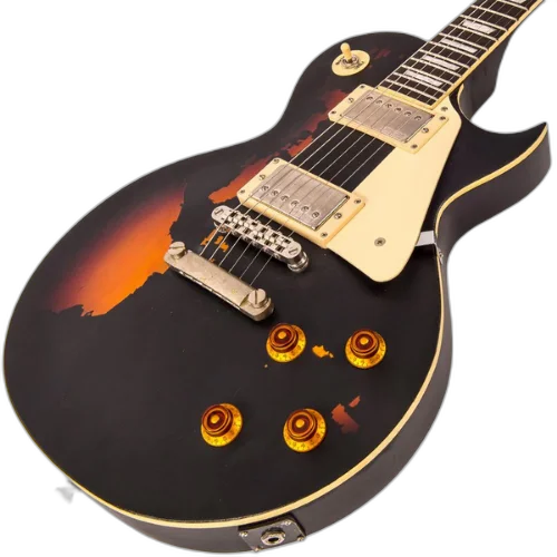 Guitarra Vintage V100 Icon Distressed Black Over Sunburst com Corpo Mogno Braço Mogno Escala Rosewood 22 Trastes 2 Humbuckers Wilkinson Ponte TOM
