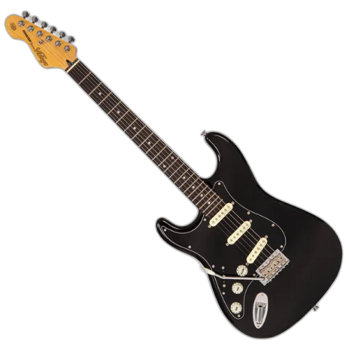 Guitarra Canhota Vintage V60 Coaster Series Boulevard Black com Corpo Paulownia Braço Maple Escala Rosewood 22 Trastes 3 Captadores Single Coil Entwistle Ponte Vibrato