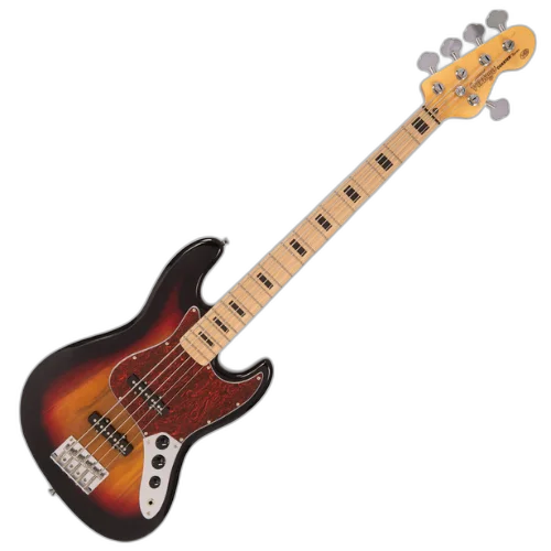 Contrabaixo Vintage V495 Coaster Series 5 Cordas 3-Tone Sunburst com Corpo Paulownia Braço Maple Escala Maple 20 Trastes 2 Captadores Single Coil Entwistle Ponte Intonatable