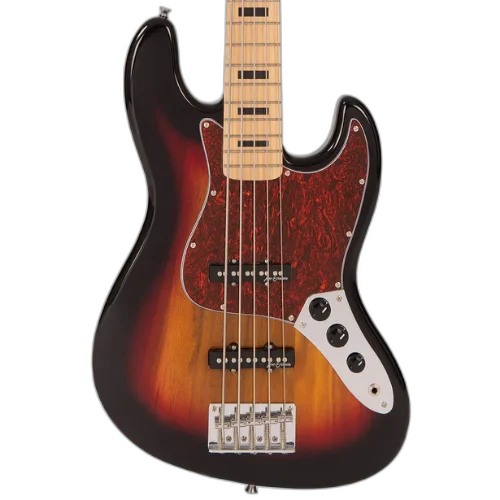 Contrabaixo Vintage V495 Coaster Series 5 Cordas 3-Tone Sunburst com Corpo Paulownia Braço Maple Escala Maple 20 Trastes 2 Captadores Single Coil Entwistle Ponte Intonatable