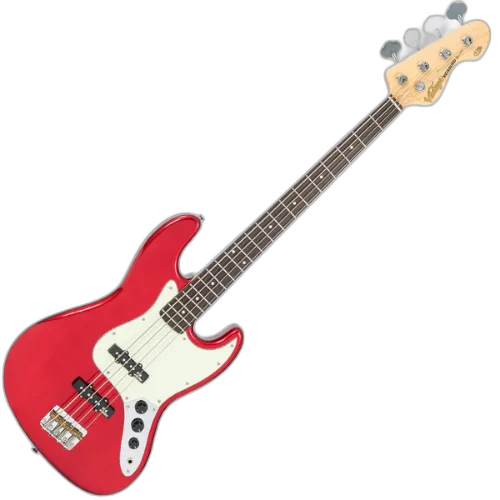 Contrabaixo Vintage VJ74 Reissued Candy Apple Red com Corpo Alder Braço Maple Escala Rosewood 20 Trastes 2 Single Coil Wilkinson Ponte Wilkinson Four Saddle