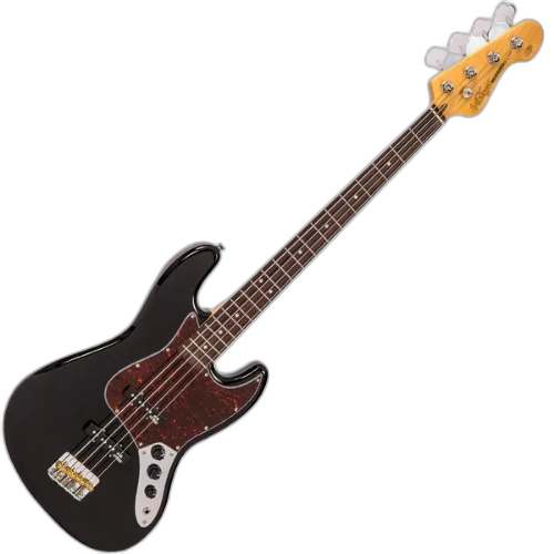Contrabaixo Vintage VJ74 Reissued Gloss Black com Corpo Alder Braço Maple Escala Rosewood 20 Trastes 2 Single Coil Wilkinson Ponte Wilkinson Four Saddle