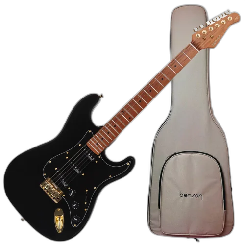 Guitarra Benson Hardy HD 901 BK Gold Black com Captadores Wilkinson Alnico 5 Single-Coil Ponte Wilkinson Tremolo 2 Pivôs Pickguard Black Hardware Gold e Bag