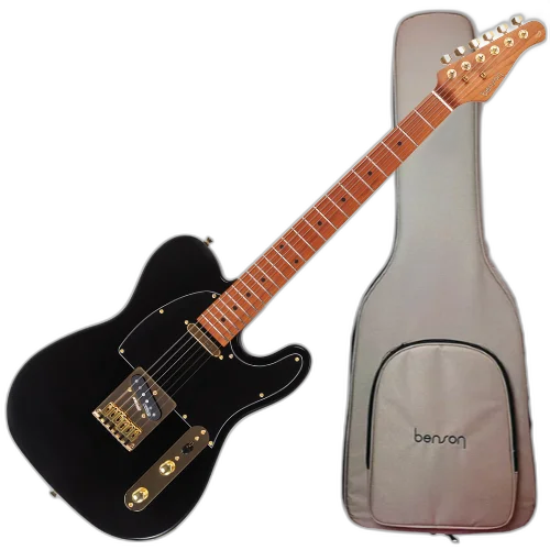 Guitarra Benson Hardy HD 904 BK BK Gold Black com Corpo Alder Braço Roasted Maple Parafusado Escala Roasted Maple 22 Trastes 2 Captadores Single Coil Wilkinson Alnico e Bag
