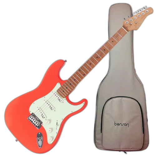 Guitarra Benson Hardy HD 901 FRD MGPG Fiesta Red com Captadores Wilkinson Alnico 5 Single-Coil Ponte Wilkinson Tremolo 2 Pivôs Pickguard Mint Green e Bag