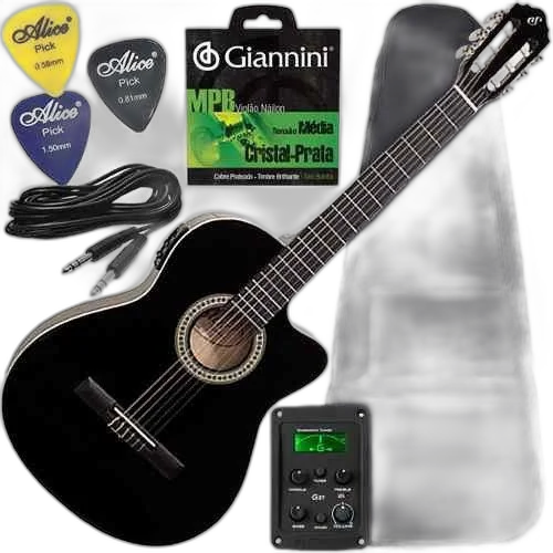 Kit Violão Giannini Eletroacústico Capa Cordas Cabo Nf14 Bk
